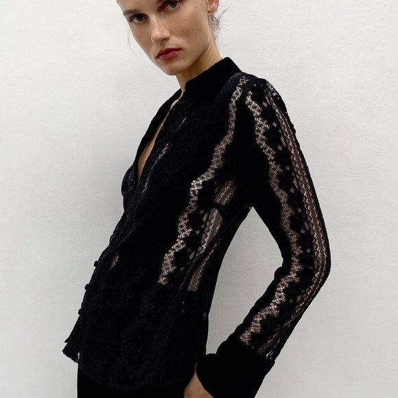 Zara | Tops | Nwot Zara Velvet Lace Button Down Blouse Size Xl | Poshmark